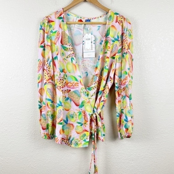 Farm Rio Anthropologie Rainforest Wrap Tropical Fruit Print Top Size Medium - Picture 6 of 16
